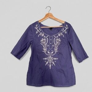 Gap Women Navy Purple Embroidered Cotton Tunic Top 3/4 Sleeve Boho Blouse Size M